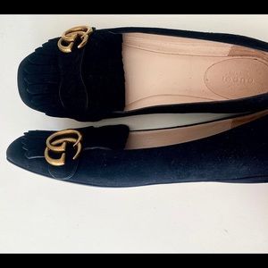 GUCCI Marmont suede gold buckle loafers